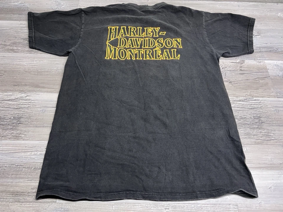 Camiseta De Colección Harley Davidson Montreal Camiseta De Motociclista Negra Desteñida por el Sol Hecha en EE. UU. L Foto 2 de 4