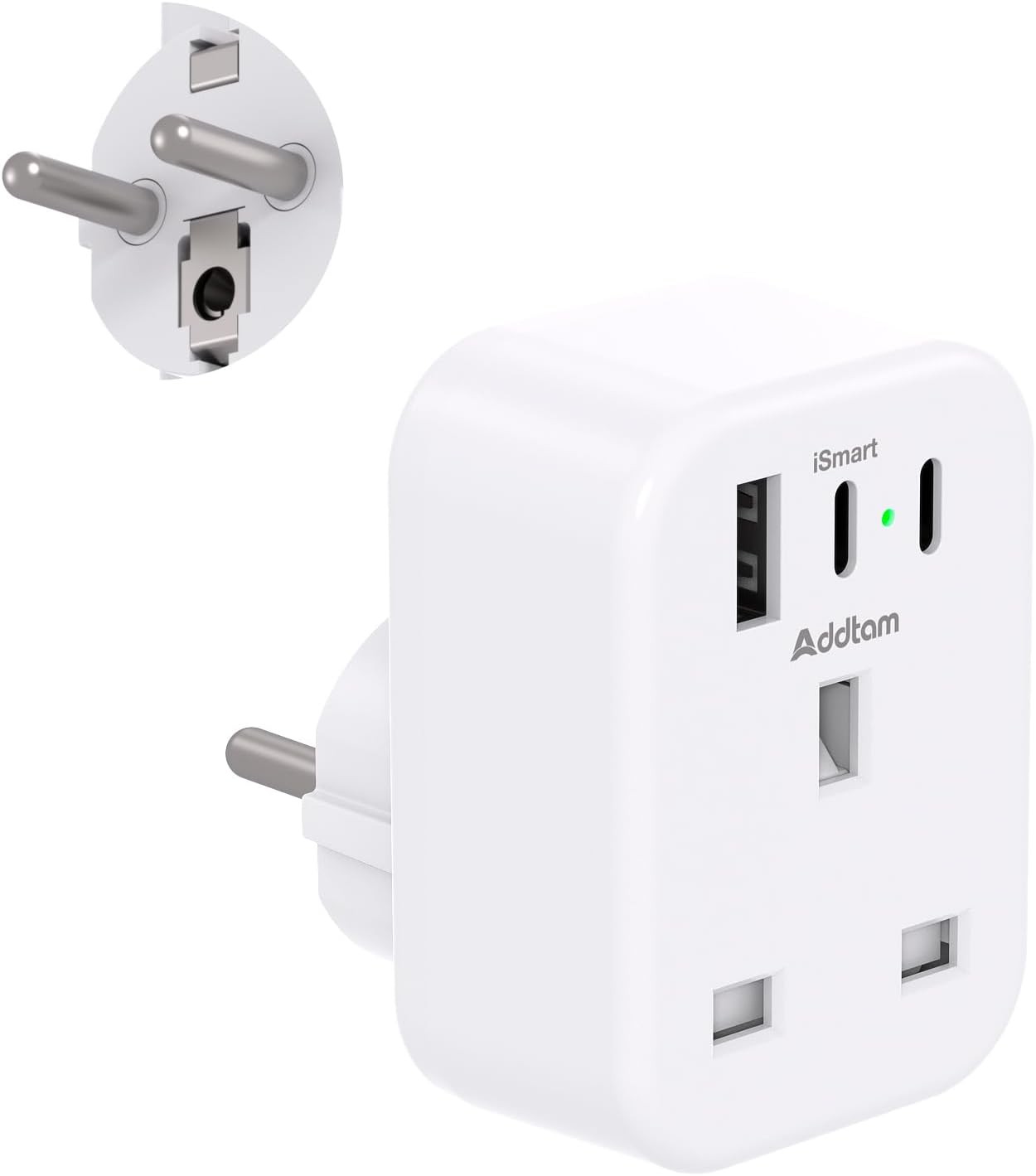 UK to European Plug Adapter with 3 USB Ports(2 USB C), EU Schuko Travel Adaptor