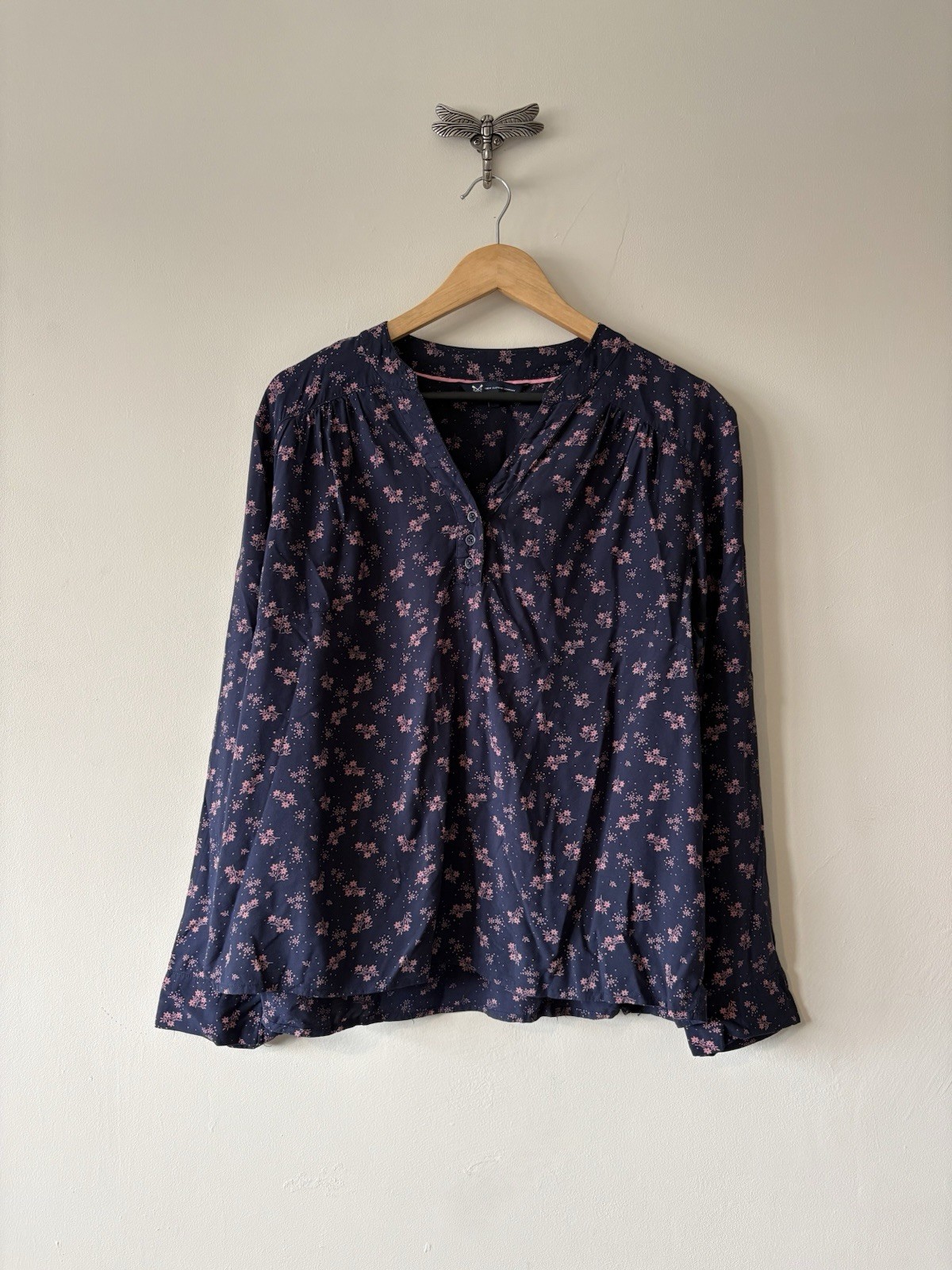 Crew Clothing Floral Blouse Size 16 Navy Blue Pink Lilac Dainty Flower V Neck