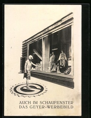 Representative card Berlin, Geyer-Werke A.G., Schufenster with Geyer advertising image 