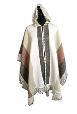 Bohemian Ecuadorian Alpaca Unisex Hooded Poncho Fringed Open Front Slit Sides