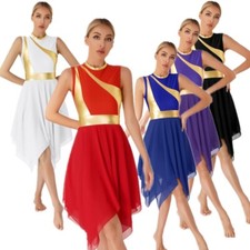 Women Girl Color Block Praise Worship Dress Asymmetrical Hem Lyrical Dance Dress