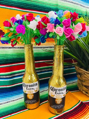 Handmade Glittered Corona Extra Beer Bottles - Set of 2 Glass