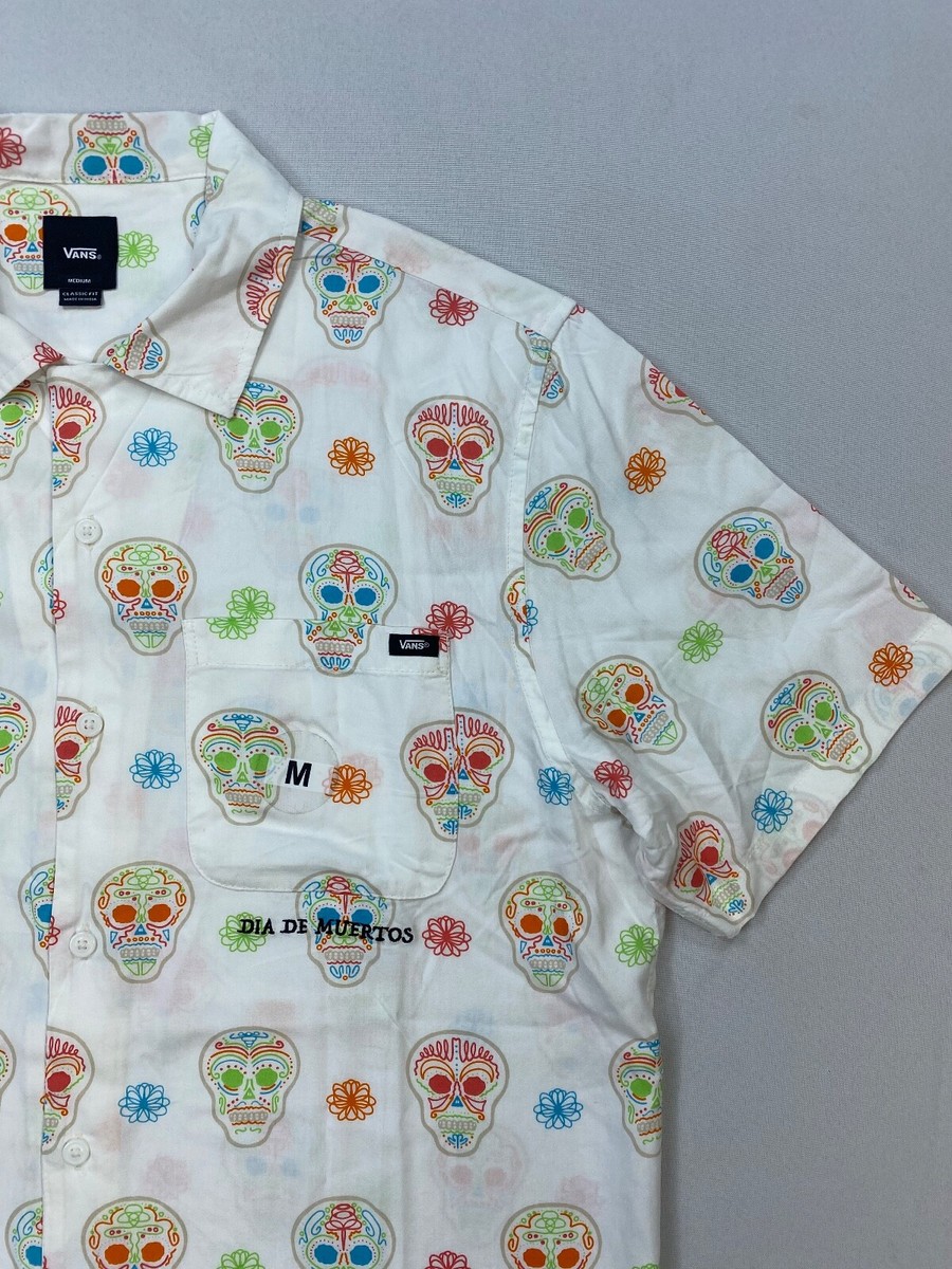 VANS フットボールシャツ　スカル NEW Men's Vans Classic Fit Dia De Muertos Skull Skeleton Button