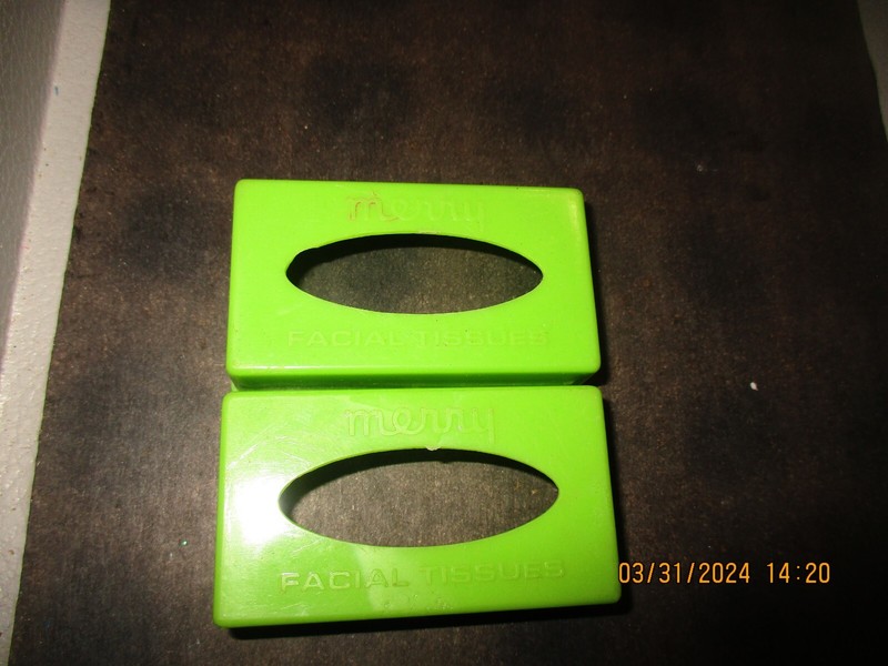 2 PC LOT VINTAGE   Miniature Doll Merry Facial Tissue Plastic Over Cover GREEN