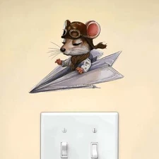 Whimsical Mouse Paper Airplane Pilot Wall Decal Sticker Room Art Mural OR36