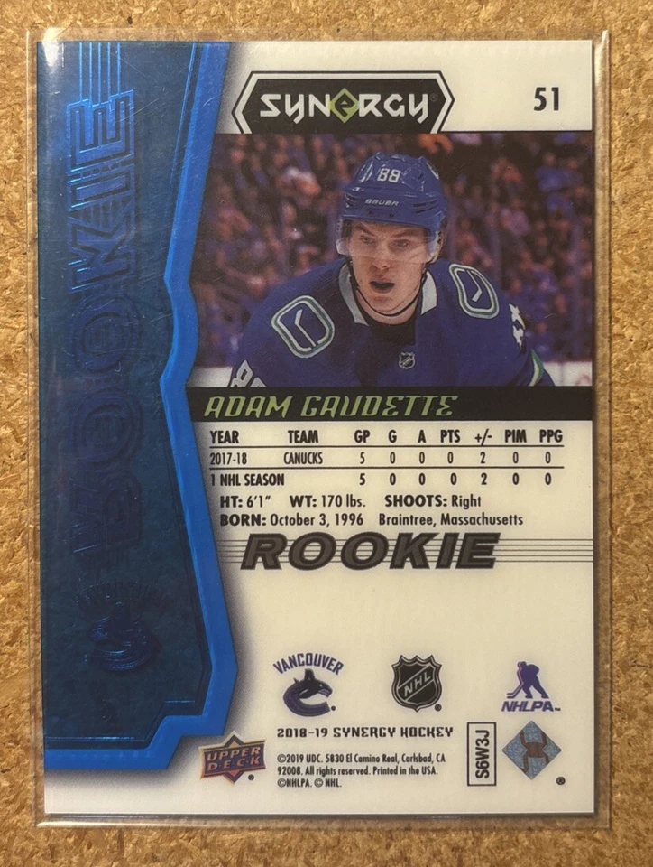 2018-19 Upper Deck Synergy Rookies Blue Adam Gaudette #51    049/799 - Image 2 of 2