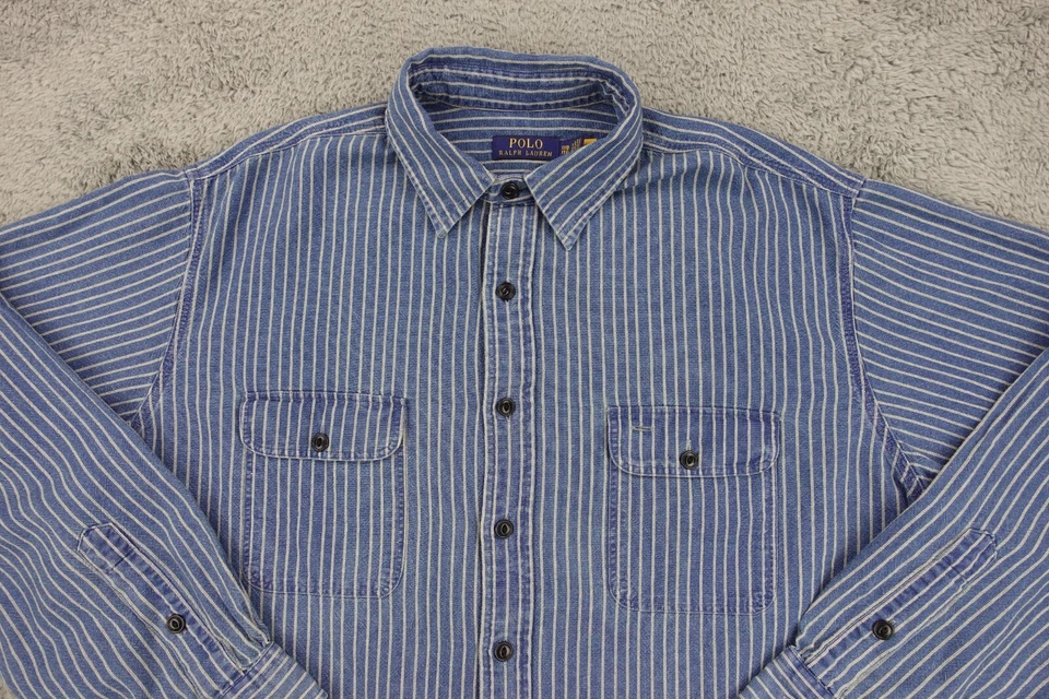Polo Ralph Lauren Shirt Mens 1XB Blue Classic Fit Indigo Denim Striped Workshirt - Image 2 of 4