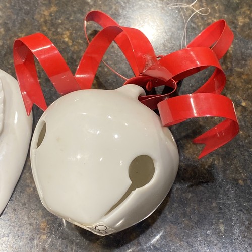 Set of 2 Dept 56 White Porcelain Christmas Ornaments Bell w/ Red Metal Bow Heart - Picture 11 of 12