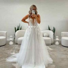 Boho Tulle Wedding Dresses Spaghetti straps Lace Applique A-line Gown Side Split