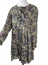 ZARA Tunic Floral Print Long Sleeve Babydoll Tiered Dress Lined Button Front  M
