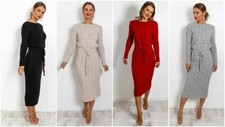 Women Ladies Cable Knitted Side Pocket Long Sleeve Tie Up Midi Party Jumper Dres