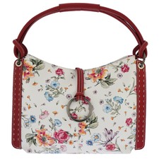Fioretta Italian Genuine Leather Flower Pattern Zippered Top Tote Shoulder Bag H