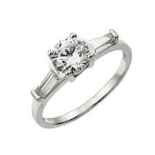 Sterling Silver Ladies Ring w/ 6mm 1 ct Round Cut Center  Baguette CZ Stones