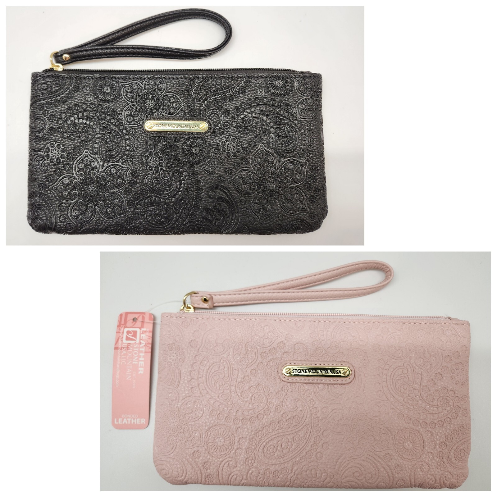 STONE MOUNTAIN Paisley Embossed Bonded Leather Wristlet YOU PICK Black