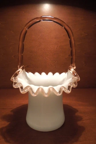 Fenton Peach Crest Basket with Peach Bamboo Handle 6 1/2" Tall