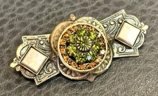 Vintage Etruscan Etched Victorian Revival Brooch Brass Tone Rhinestone Bee Stamp