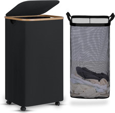 Laundry Basket with Wheels, Tall Rolling Laundry Hamper with Lid and Removable B