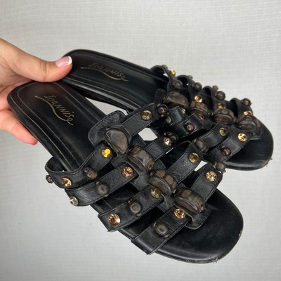 Ioannis Black Leather Gladiator Sandals Studded Wood Beads Slide-on Flats