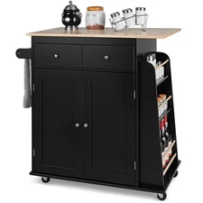 Rolling Kitchen Island Utility Trolley Cabinet Storage Spice Towel Rack Black