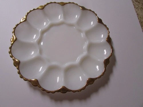Vintage Anchor Hocking Milk Glass Deviled Egg Server Plate 22 Kt Gold Trim