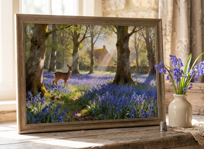 Cotswold Bluebell Woodland Reh Wandbild Frühlingsdruck A3 A4 A5