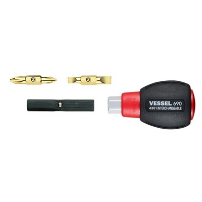 VESSEL TD-110 Cushion Grip 4-Wege Kurzschraubendreher austauschbare Bits NEU