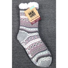 MUK LUKS Womens Cabin Socks - Gray/Purple, Slip-Resist, Fuzzy, Warm, S/M (5-7)