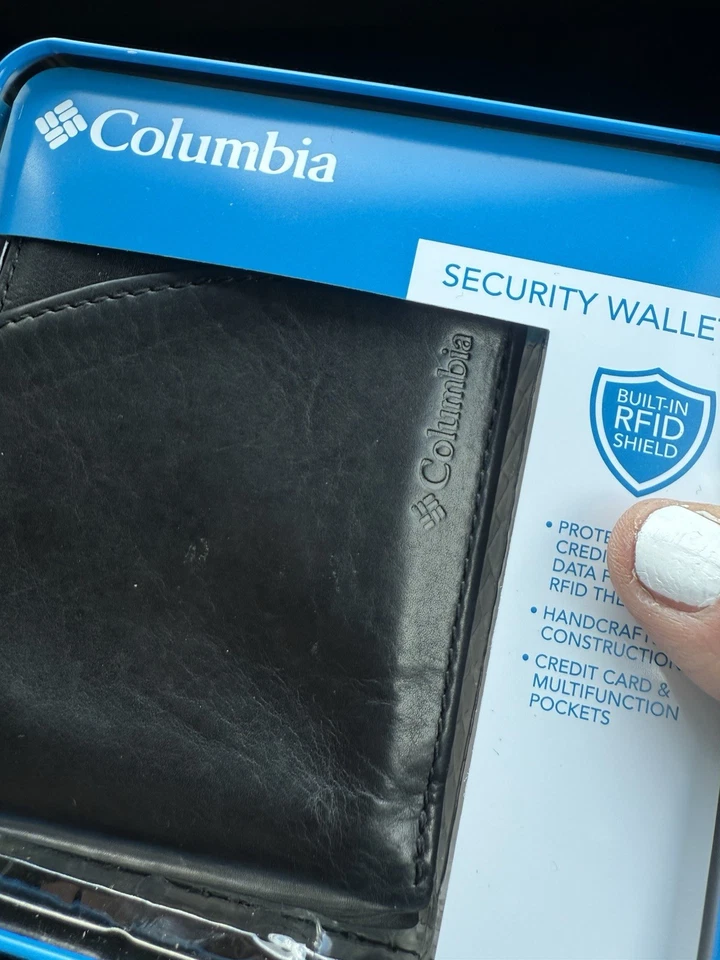 NUEVA Cartera Columbia Extra Capacidad Delgada Cuero Genuino Negra Doble Plegable Regalo Foto 2 de 4