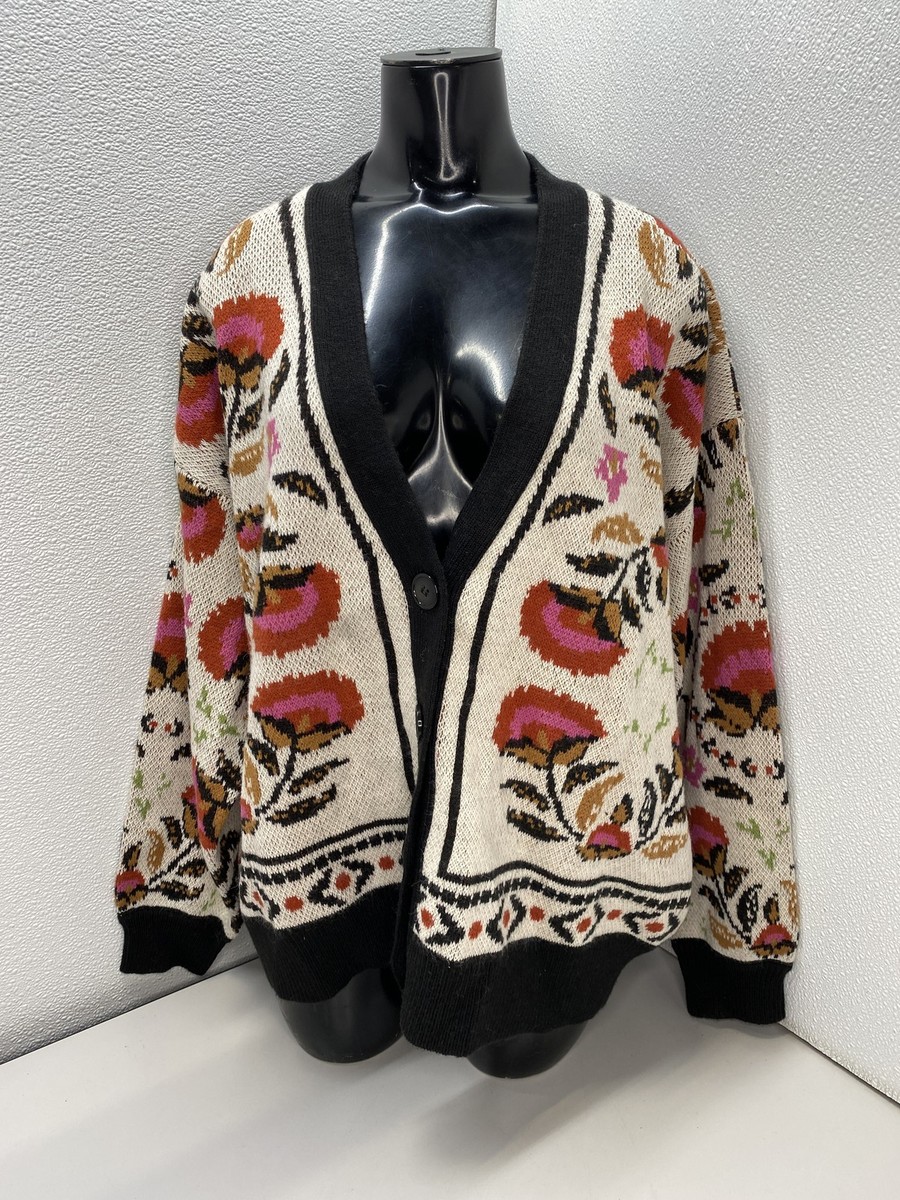 Farm Rio Womens Cardigan Sweater Sand White/Multi Size M Palms