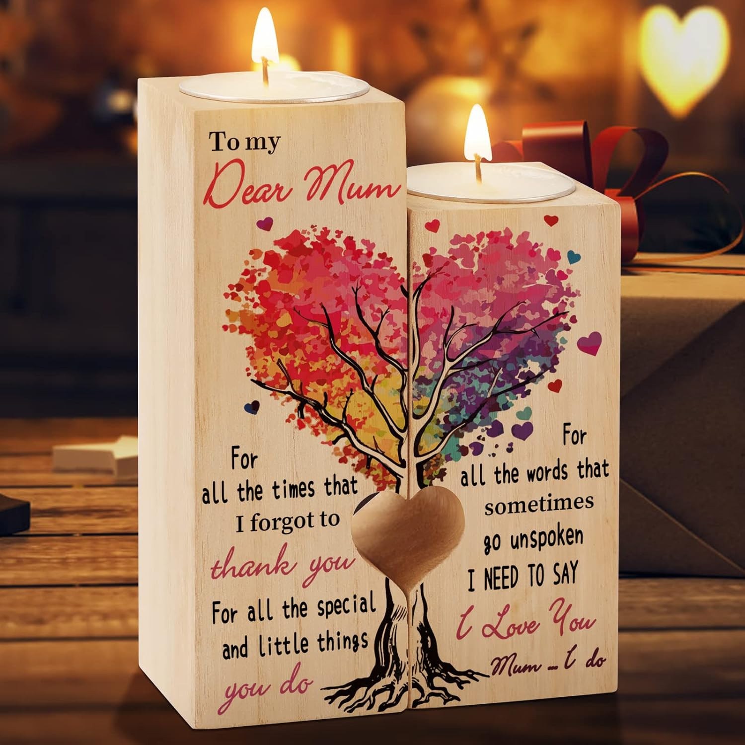 Mum Gifts, Wooden Heart Shaped Candle Holder Gifts for Mum, Presents for Mummy o