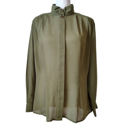 Vintage 80s Notations Petite Blouse SZ 14 Olive Green Mock Neck Sheer Button Up