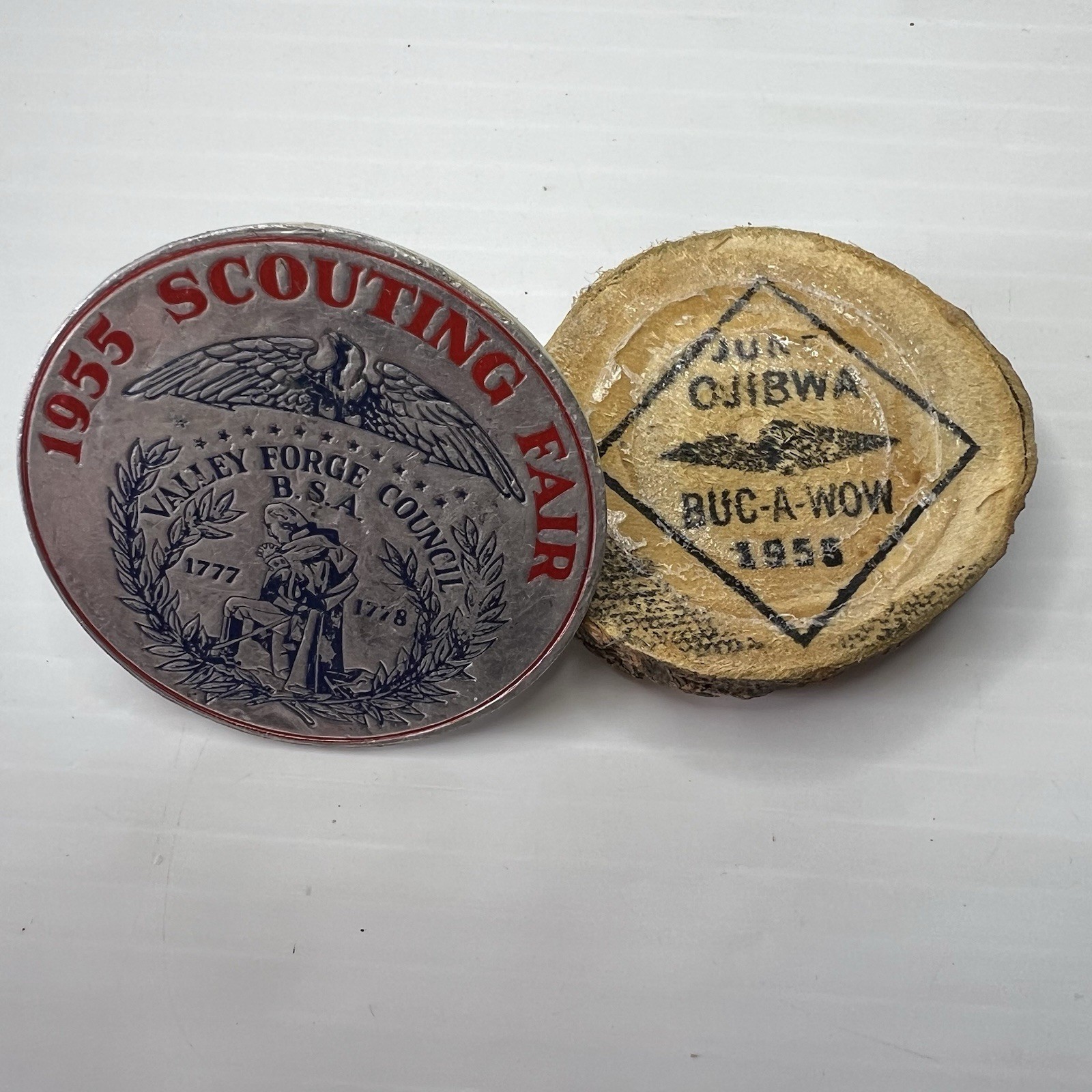 BSA 1955 Neckerchief Slide & Wood Piece June Ojibwa Buc-A-Wow & Fair NS-936