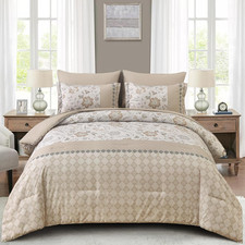 Beige Comforter Set King, 7 Pieces Bed in a Bag Floral Geometric Patchwork Soft