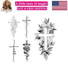 Christian Cross Temporary Tattoos   5 Styles of Floral  Script Cross Fake Ta...