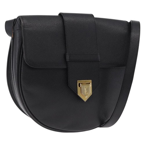 Saint Laurent YSL Shoulder Bag Leather Black Gold Tone Auth am12822V