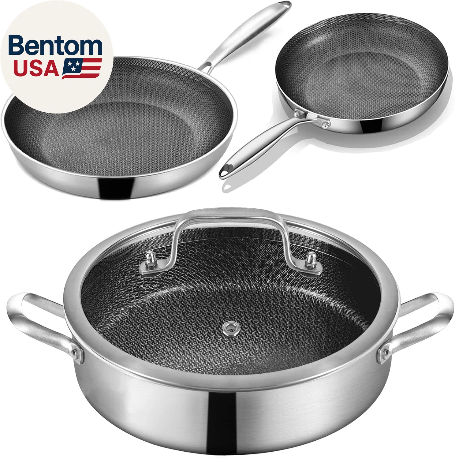 6 QT Hybrid Tri-Ply Stainless Steel Non Stick Sauté Pan with Lid & 8.5-10 Inch F