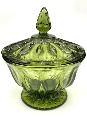 Vtg. Anchor Hocking 'Fairfield', Avocado Green, Glass Candy Dish with Lid, MINT
