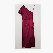 Ted Baker Burgundy One Shoulder Asymmetric Sheath Satin Ruffle Midi Dress0, UK6