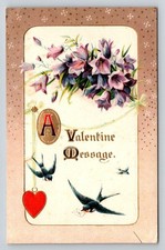Postal de San Valentín de 1912 flores en relieve golondrinas corazón rojo "A Valentine