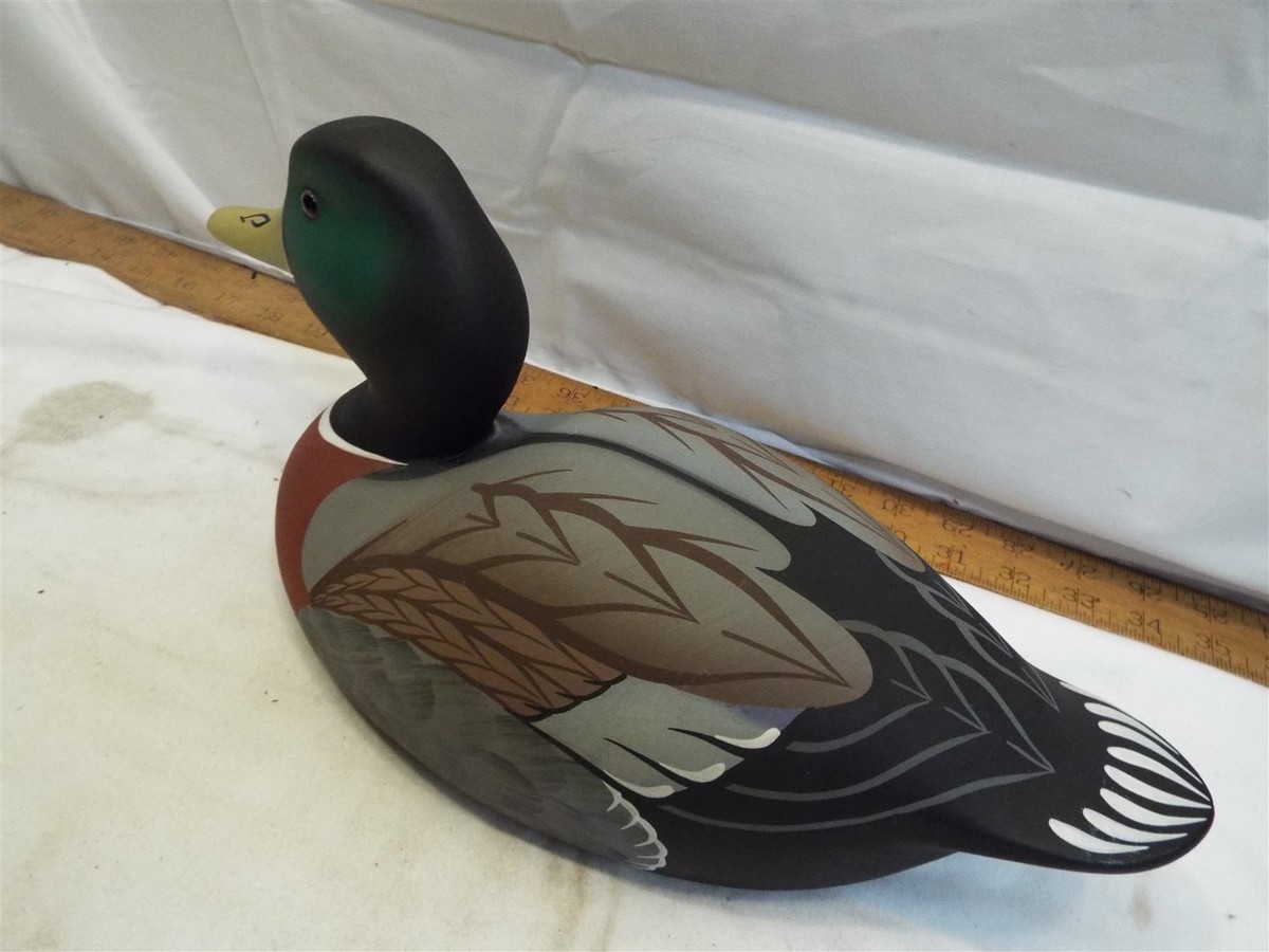 1986年 鳥 置物 Leonard C. Hornick Jr サイン入り Stoney Point Wooden Mallard Drake Duck Decoy Bird 1986 Model