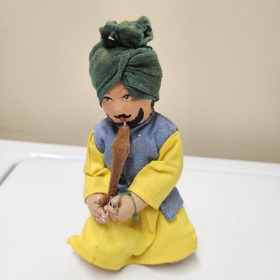 Handmade Anglo-Raj Vintage Stuffed Sitting Snake Charmer Doll India Wood Flute