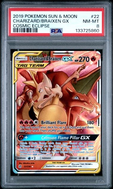 2019 POKEMON SUN & MOON COSMIC ECLIPSE #22 CHARIZARD/BRAIXEN GX  PSA 8
