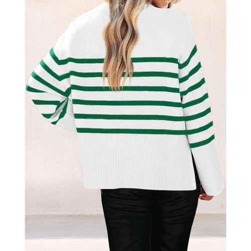 KIRUNDO Oversized Long Sleeve Striped Sweater Ribbed Knit Side Slit Pullover XL - Picture 3 of 5