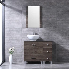 36'' Bathroom Vanity Cabinet Black/ Brown/ White Round Ceramic Sink Faucet Drain