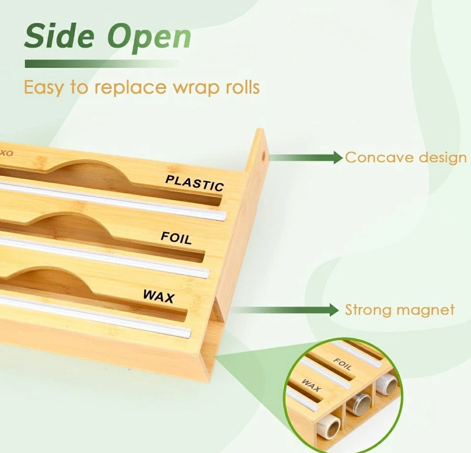 Foil and Plastic Wrap Organizer,3 in 1 Bamboo Plastic Wrap Dispenser with Cutter - Image 4 of 4