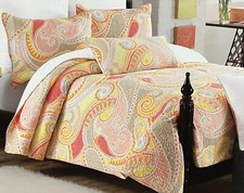 CYNTHIA ROWLEY YELLOW TAN PEACH WHITE SWIRL FULL / QUEEN QUILT SET W / SHAMS