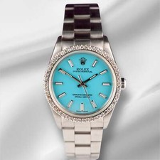 Rolex 34mm Oyster Perpetual 1ct Prong Diamond Baby Blue Dial Steel Watch 14010