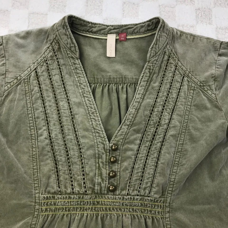 Pilcro Anthropologie Corduroy Dress Size XS Green Aline Tiered V Neck Cottage - Image 2 of 4