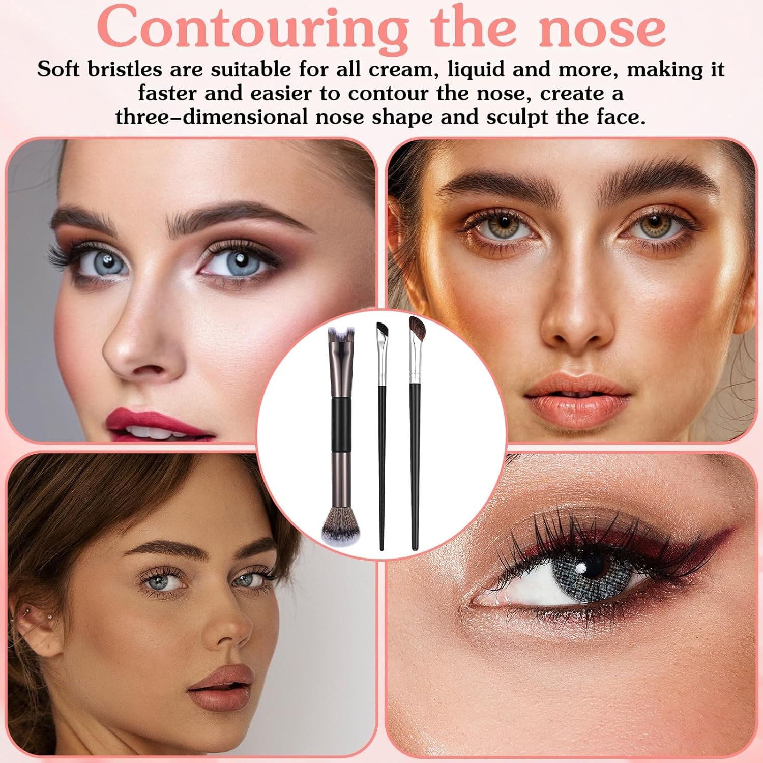 Grevosea 3 Pcs Contour Brushes for Makeup, 2 in 1 Dual-End Nose Contour Brush An